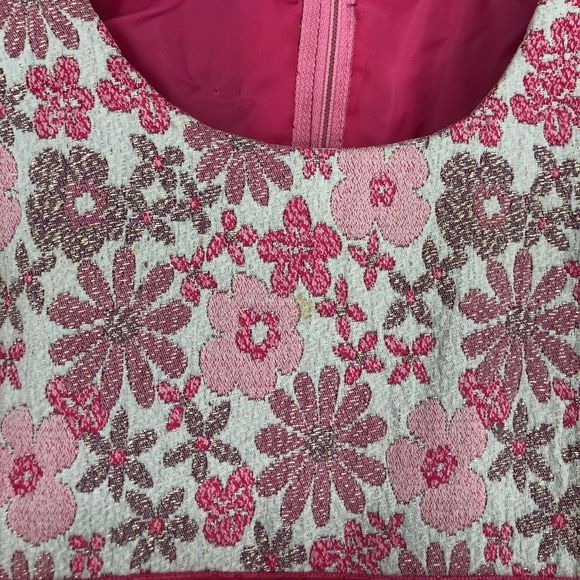 60’s Custom Pink Floral Metallic Velvet Trim Long Sleeve Maxi Dress - Picture 9 of 14